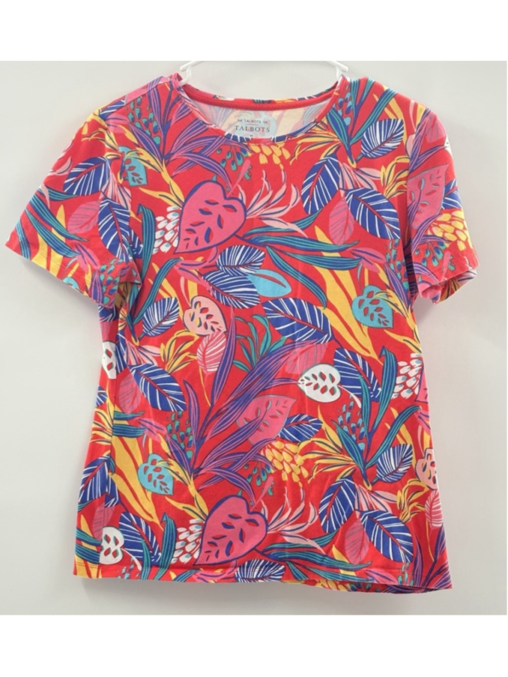 Talbots Womens M Short Sleeve Tropical Leaf Tee Floral Coastal Grandmillenial